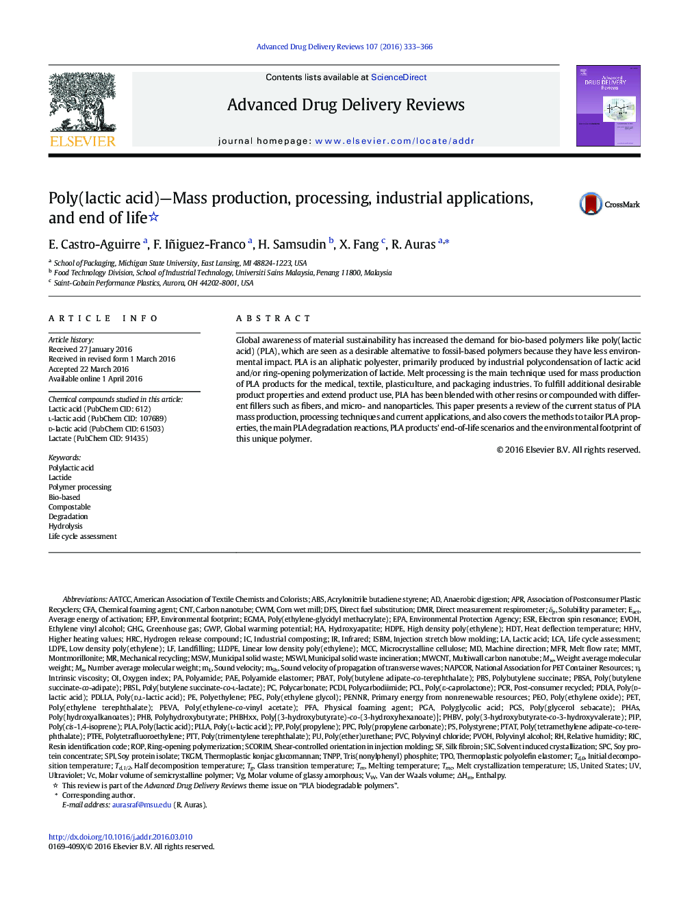 Poly(lactic acid)—Mass production, processing, industrial applications, and end of life 