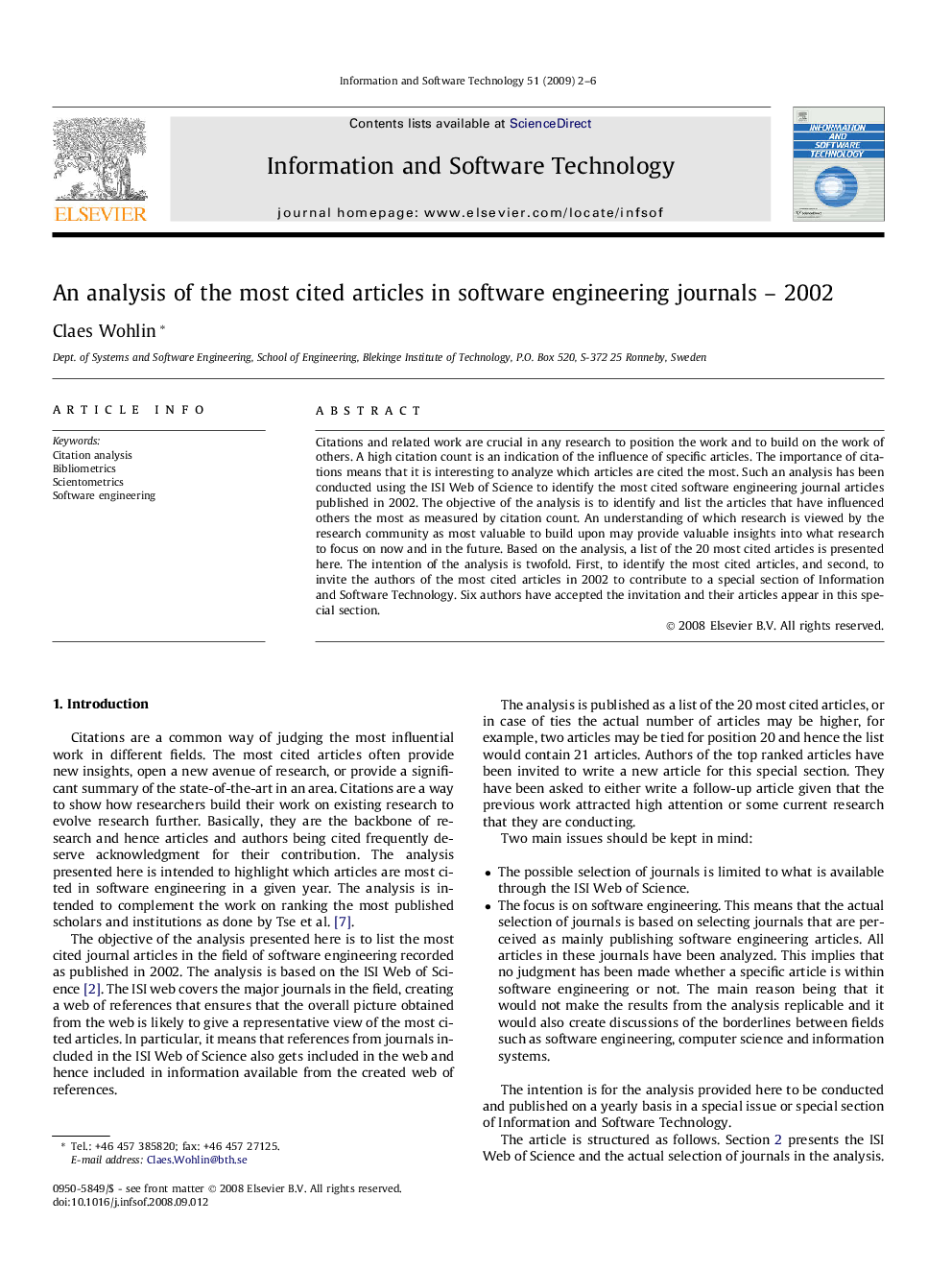 An analysis of the most cited articles in software engineering journals – 2002