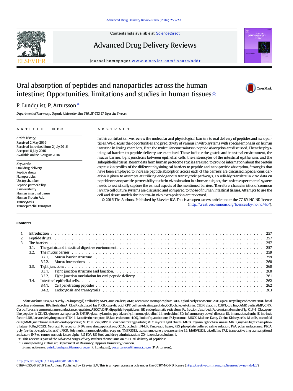 Oral absorption of peptides and nanoparticles across the human intestine: Opportunities, limitations and studies in human tissues