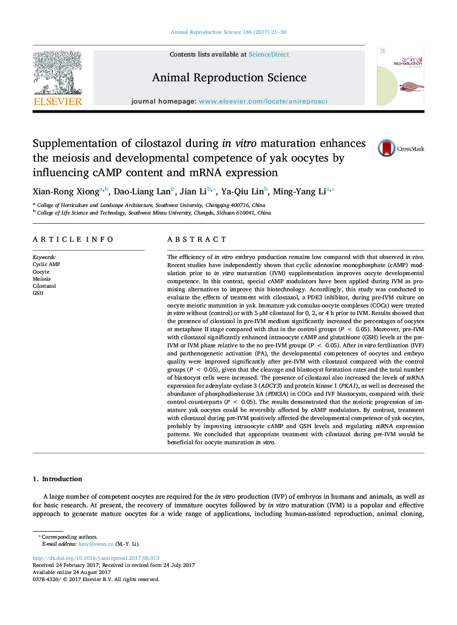 Supplementation of cilostazol during in vitro maturation enhances the meiosis and developmental competence of yak oocytes by influencing cAMP content and mRNA expression