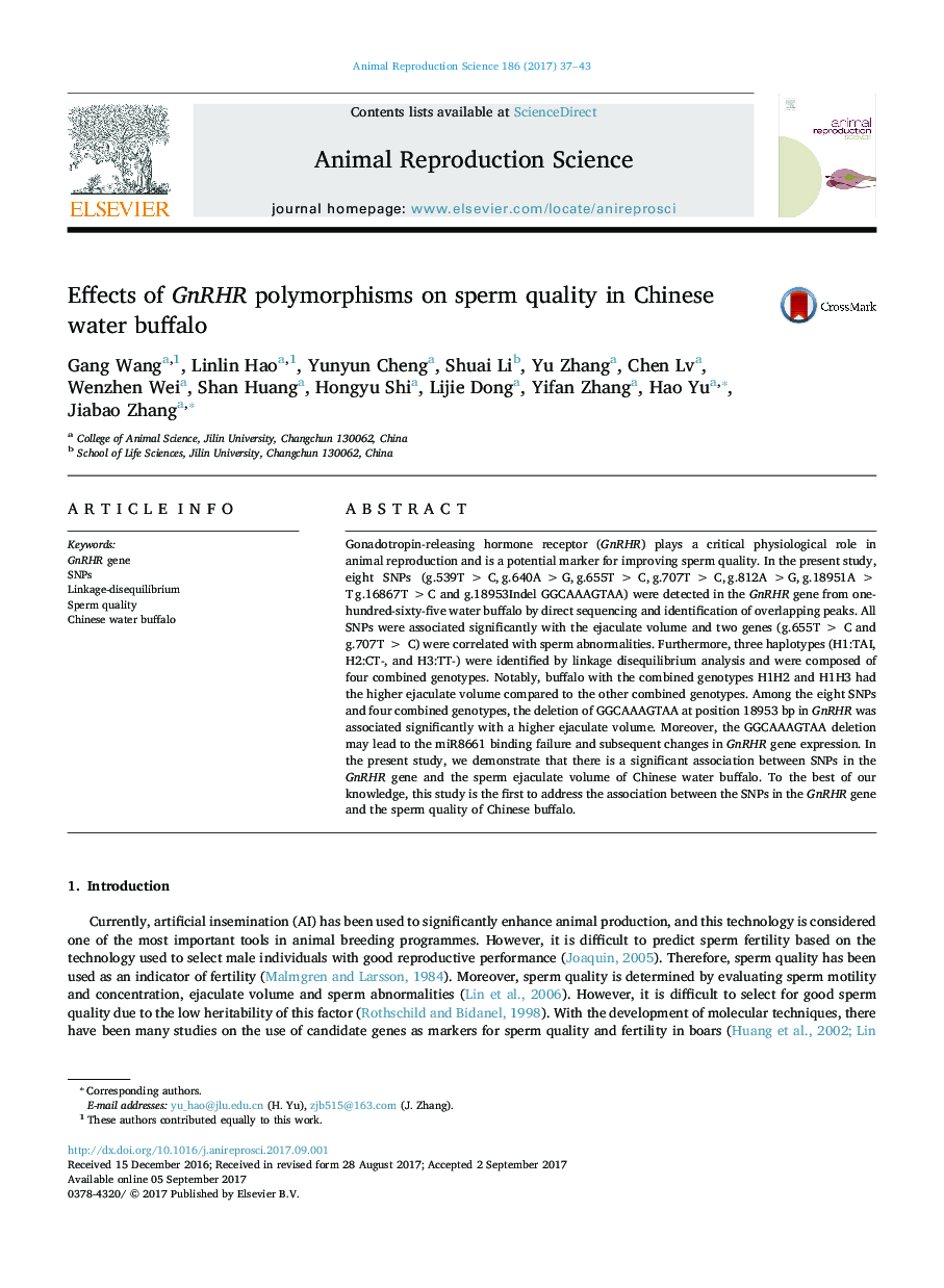 Effects of GnRHR polymorphisms on sperm quality in Chinese water buffalo