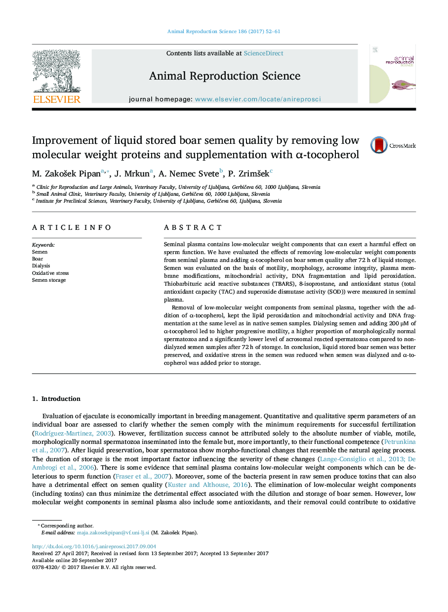 Improvement of liquid stored boar semen quality by removing low molecular weight proteins and supplementation with Î±-tocopherol