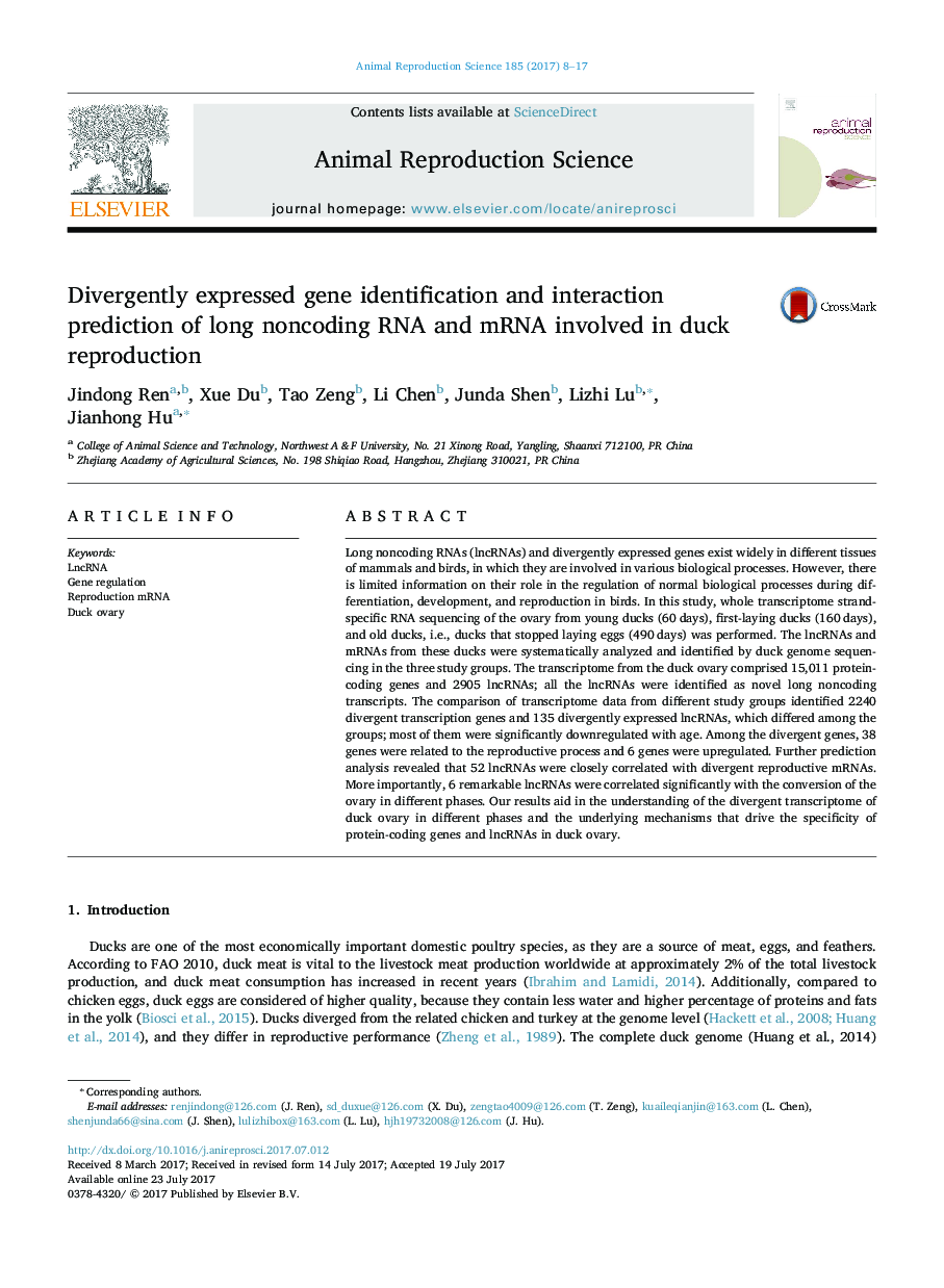 Divergently expressed gene identification and interaction prediction of long noncoding RNA and mRNA involved in duck reproduction