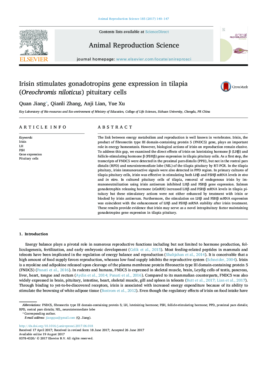 Irisin stimulates gonadotropins gene expression in tilapia (Oreochromis niloticus) pituitary cells