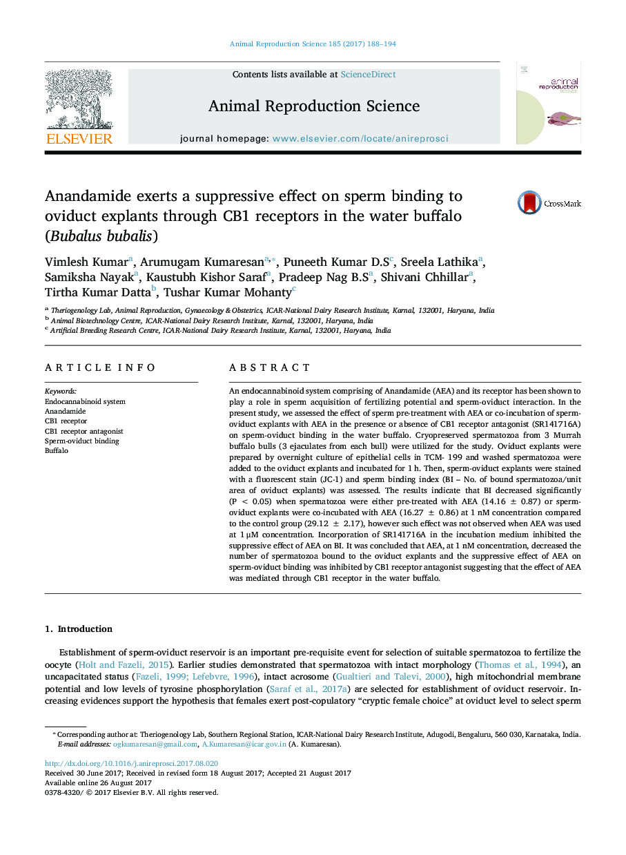 Anandamide exerts a suppressive effect on sperm binding to oviduct explants through CB1 receptors in the water buffalo (Bubalus bubalis)