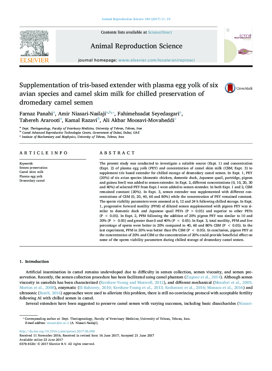 Supplementation of tris-based extender with plasma egg yolk of six avian species and camel skim milk for chilled preservation of dromedary camel semen