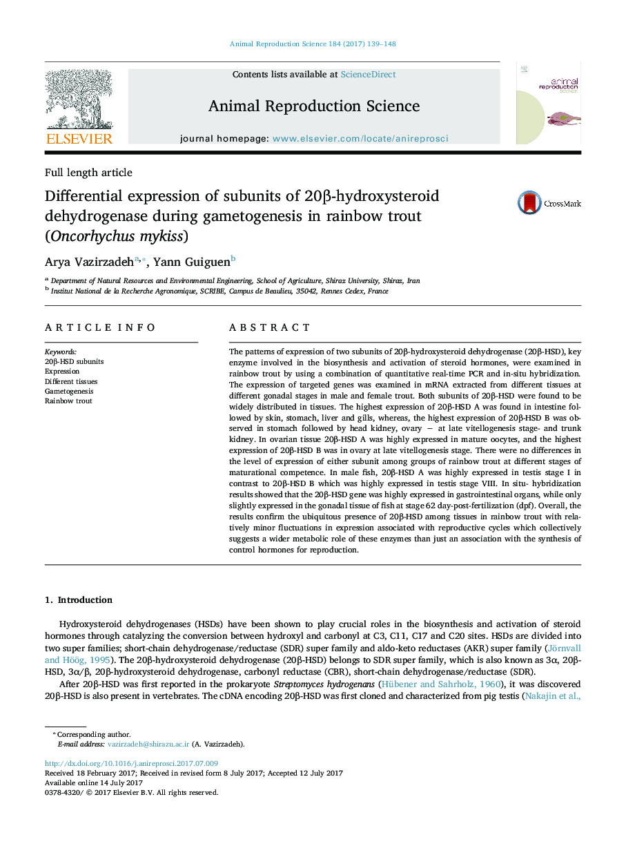 Full length articleDifferential expression of subunits of 20Î²-hydroxysteroid dehydrogenase during gametogenesis in rainbow trout (Oncorhychus mykiss)