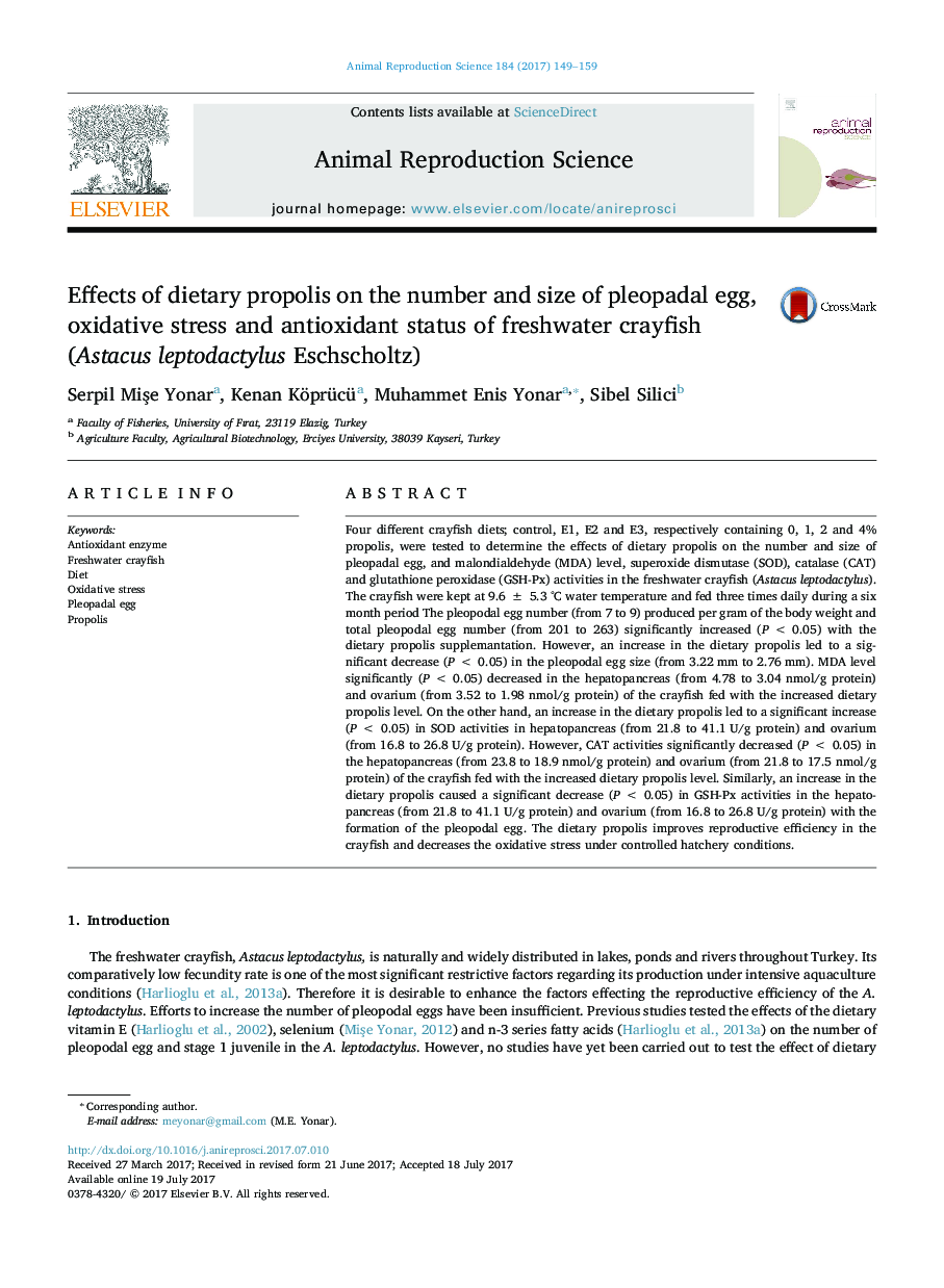 Effects of dietary propolis on the number and size of pleopadal egg, oxidative stress and antioxidant status of freshwater crayfish (Astacus leptodactylus Eschscholtz)