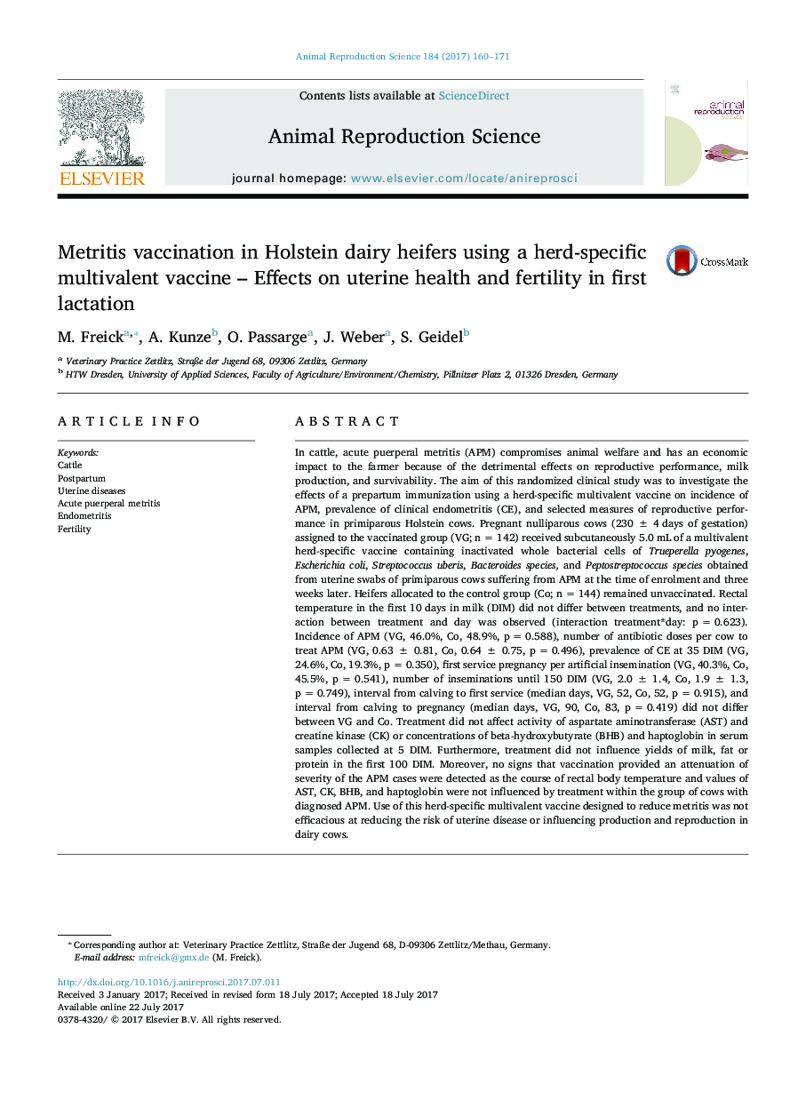 Metritis vaccination in Holstein dairy heifers using a herd-specific multivalent vaccine - Effects on uterine health and fertility in first lactation