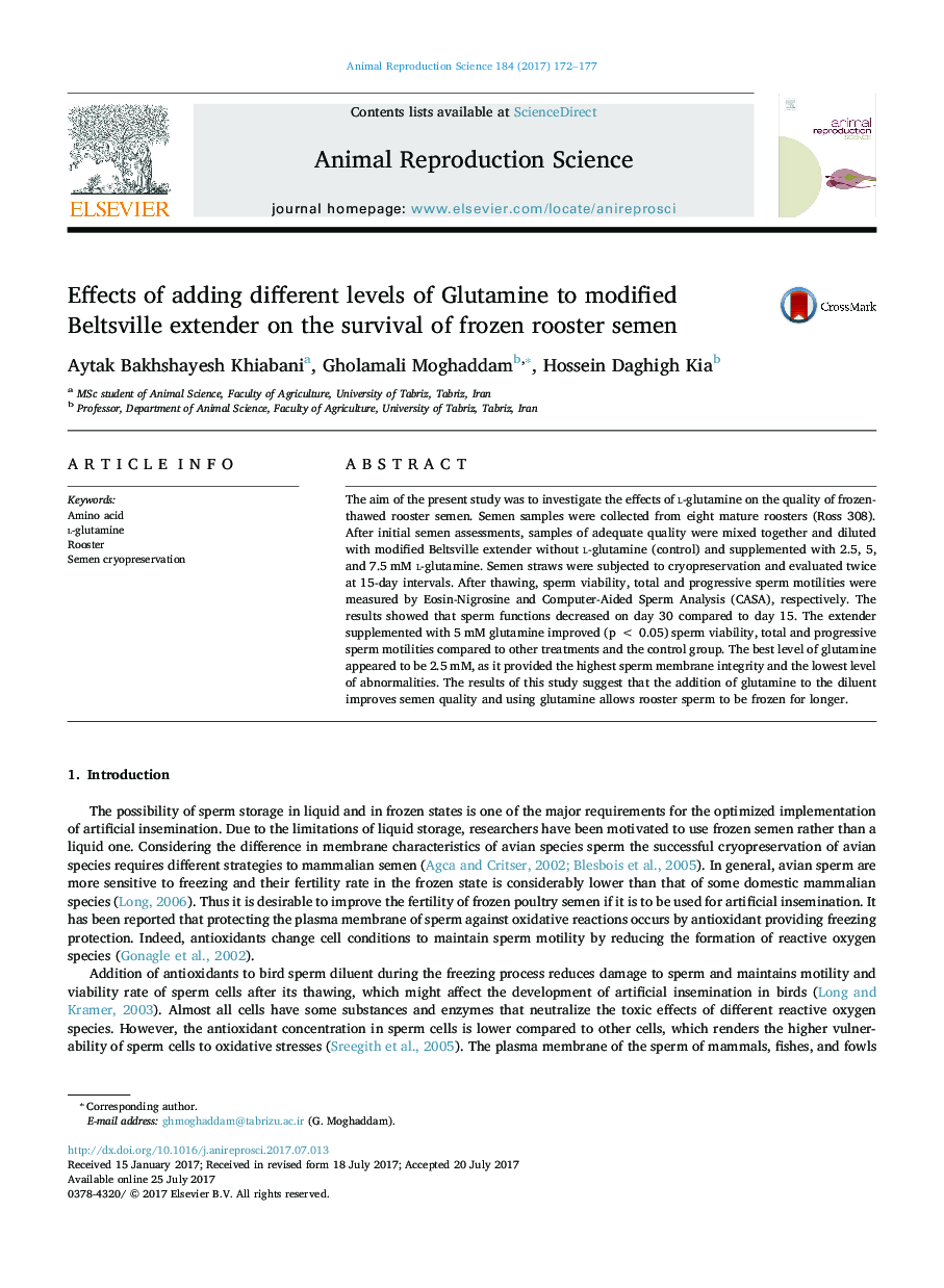 Effects of adding different levels of Glutamine to modified Beltsville extender on the survival of frozen rooster semen