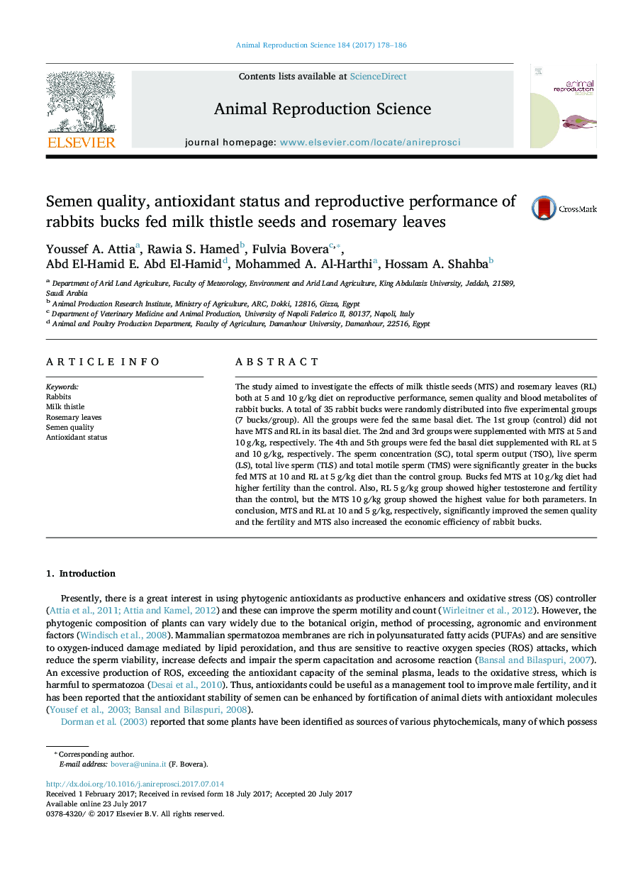 Semen quality, antioxidant status and reproductive performance of rabbits bucks fed milk thistle seeds and rosemary leaves