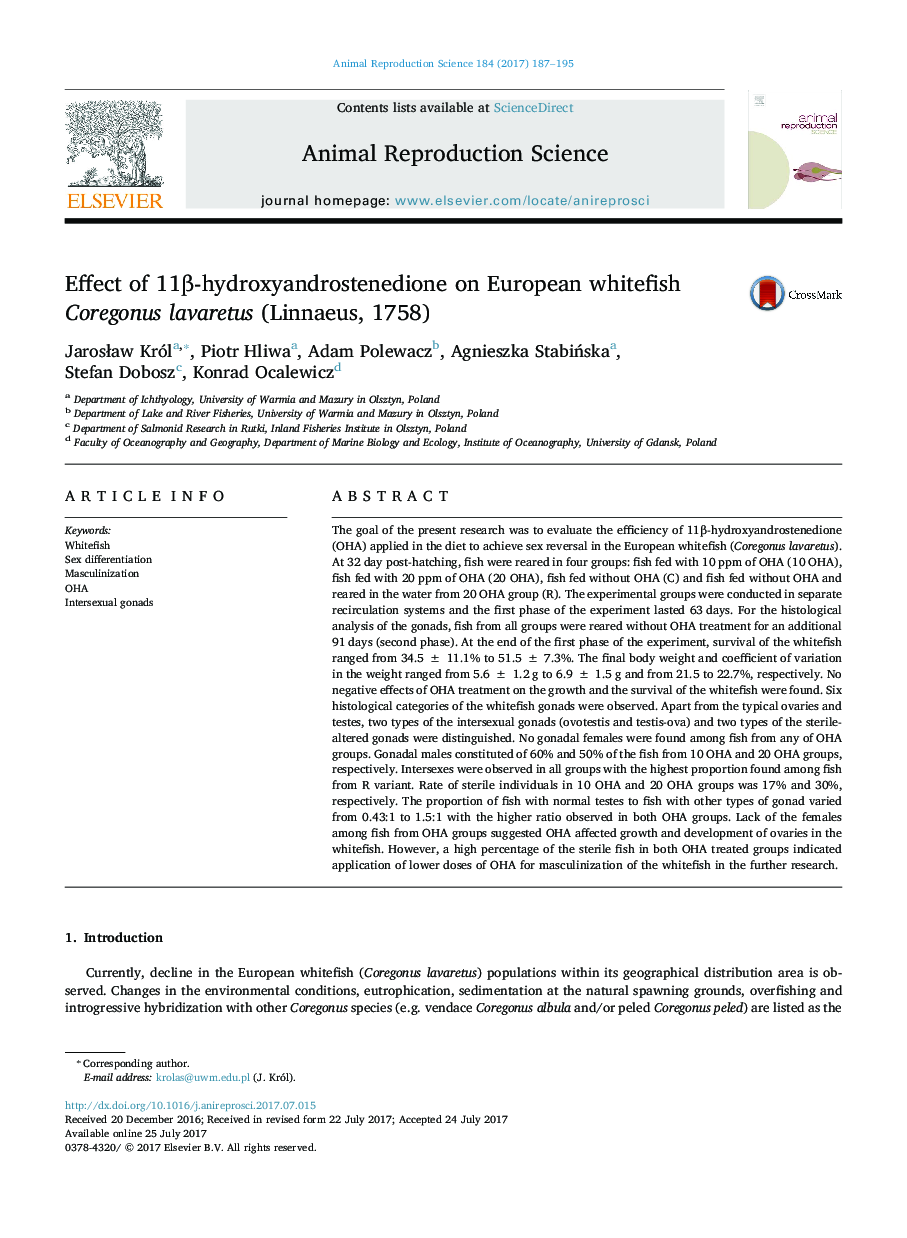 Effect of 11Î²-hydroxyandrostenedione on European whitefish Coregonus lavaretus (Linnaeus, 1758)