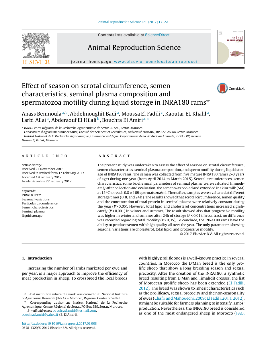 Effect of season on scrotal circumference, semen characteristics, seminal plasma composition and spermatozoa motility during liquid storage in INRA180 rams