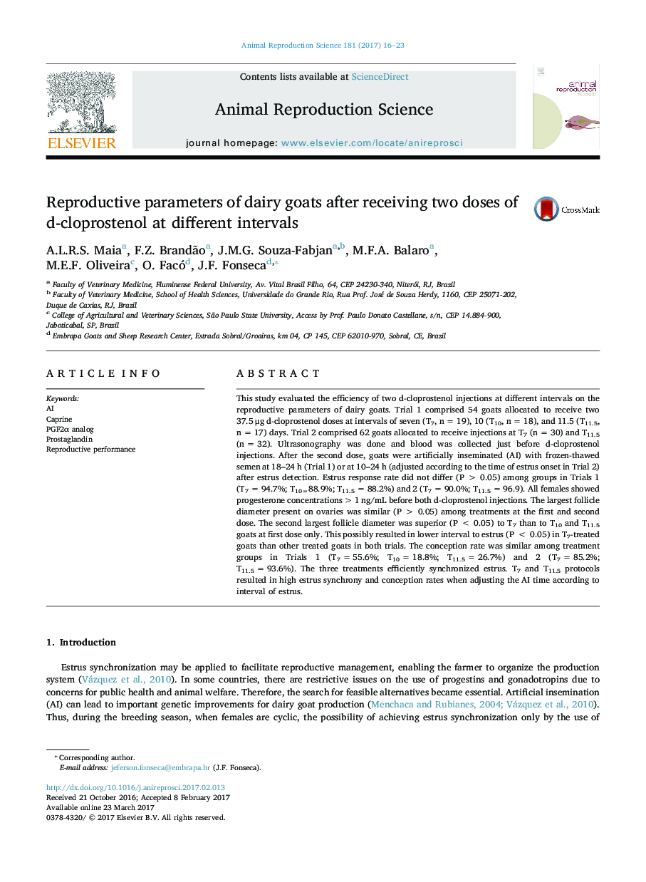 Reproductive parameters of dairy goats after receiving two doses of d-cloprostenol at different intervals