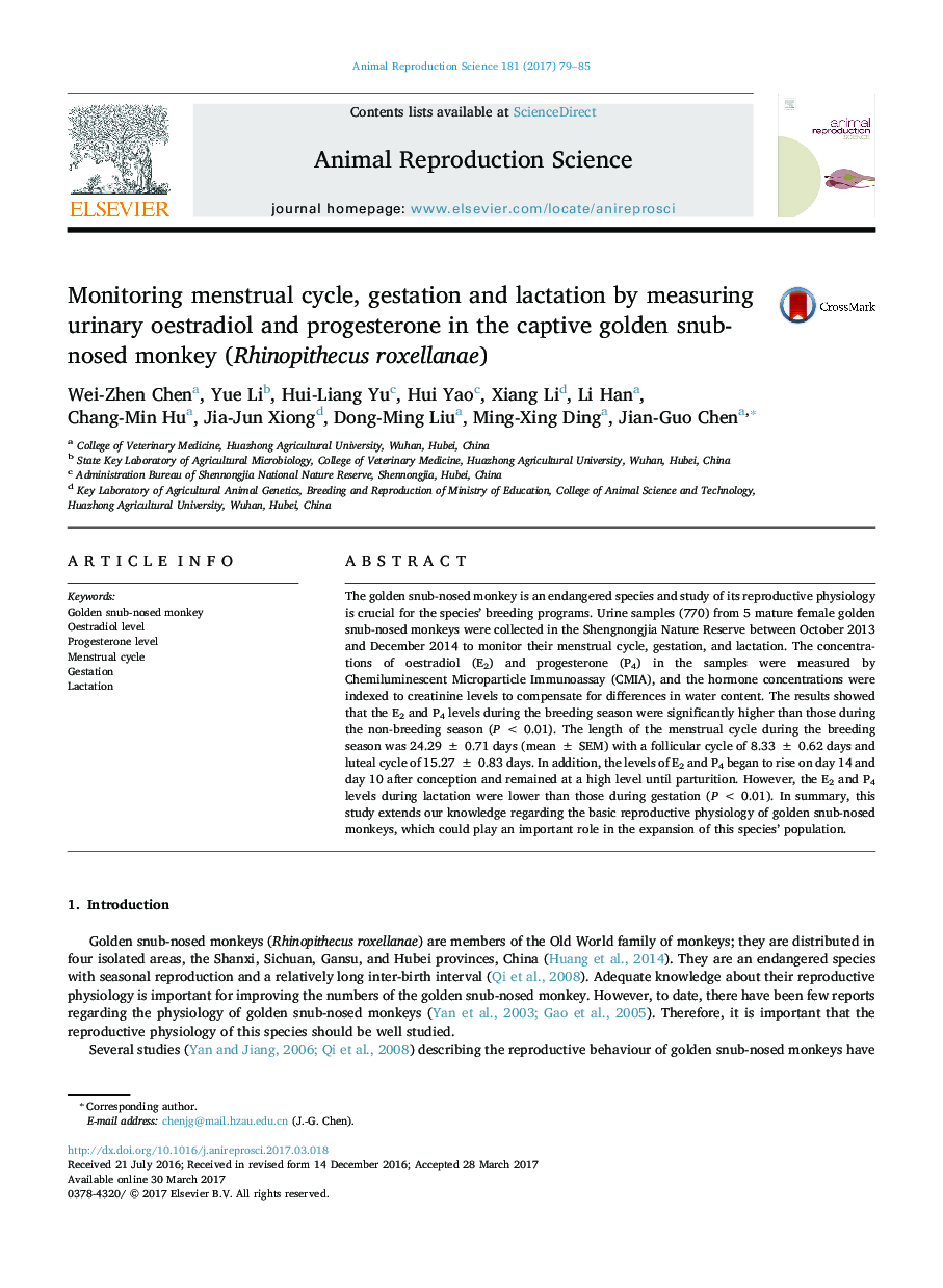 Monitoring menstrual cycle, gestation and lactation by measuring urinary oestradiol and progesterone in the captive golden snub-nosed monkey (Rhinopithecus roxellanae)