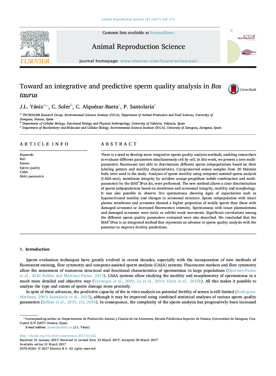 Toward an integrative and predictive sperm quality analysis in Bos taurus