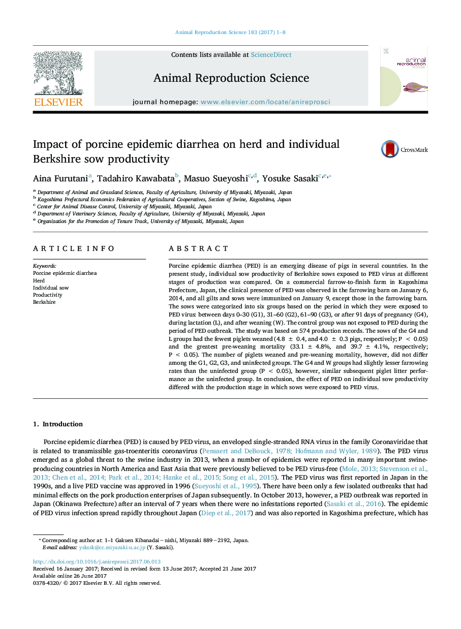 Impact of porcine epidemic diarrhea on herd and individual Berkshire sow productivity