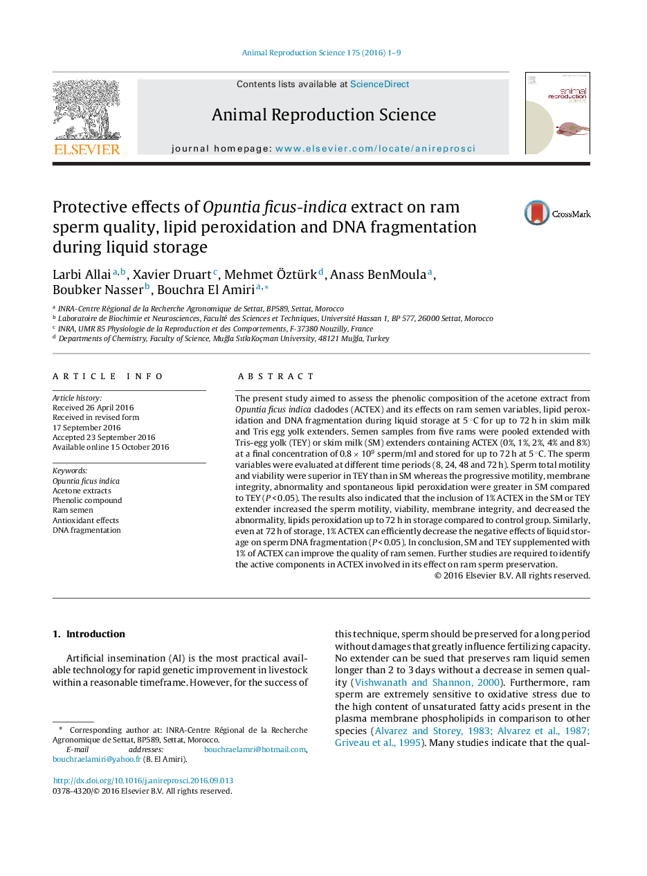 Protective effects of Opuntia ficus-indica extract on ram sperm quality, lipid peroxidation and DNA fragmentation during liquid storage