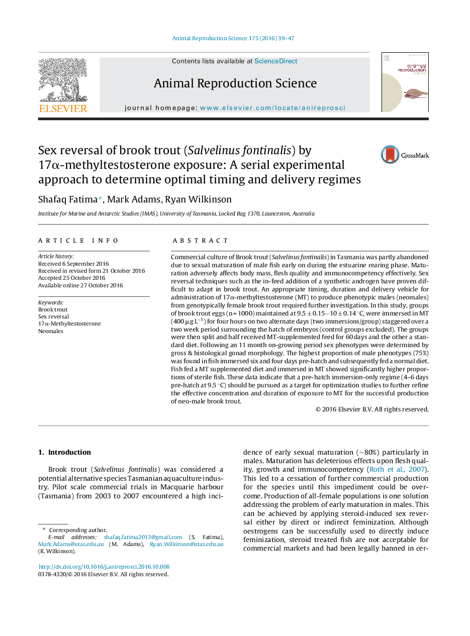 Sex reversal of brook trout (Salvelinus fontinalis) by 17Î±-methyltestosterone exposure: A serial experimental approach to determine optimal timing and delivery regimes