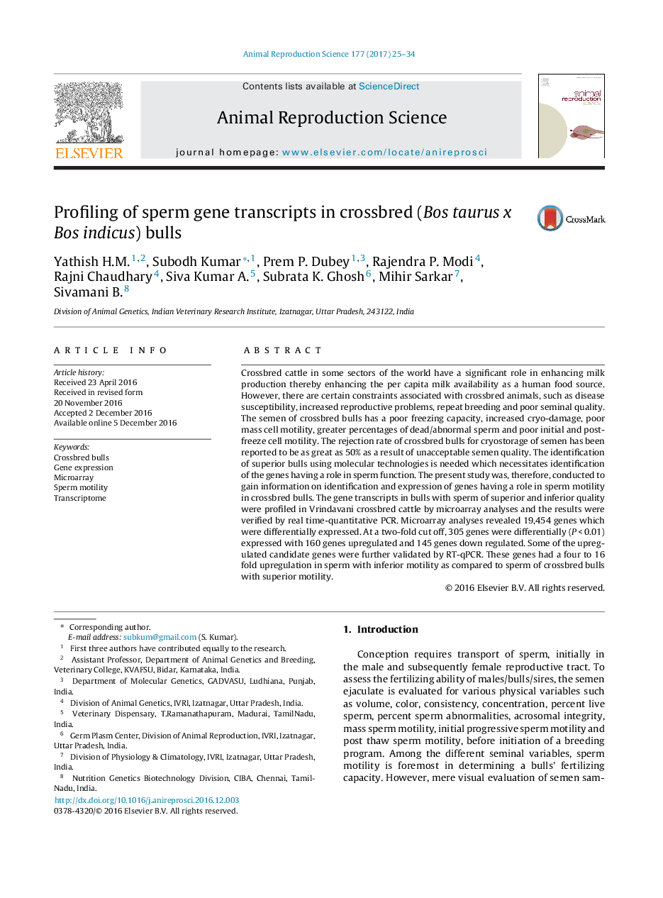 Profiling of sperm gene transcripts in crossbred (Bos taurus x Bos indicus) bulls