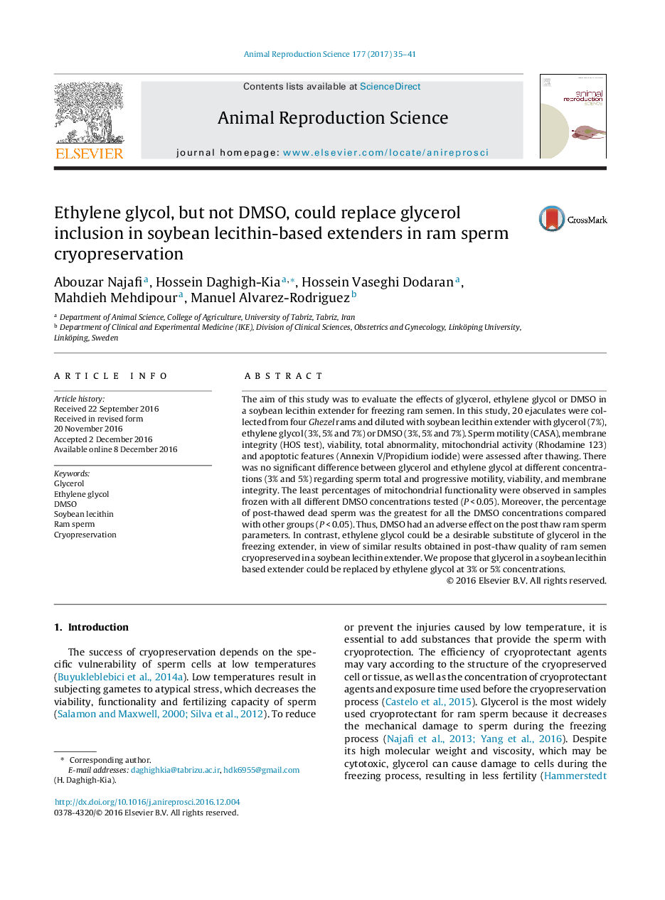 Ethylene glycol, but not DMSO, could replace glycerol inclusion in soybean lecithin-based extenders in ram sperm cryopreservation