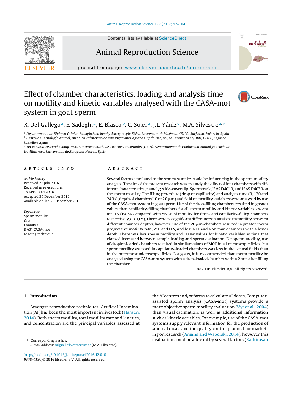 Effect of chamber characteristics, loading and analysis time on motility and kinetic variables analysed with the CASA-mot system in goat sperm