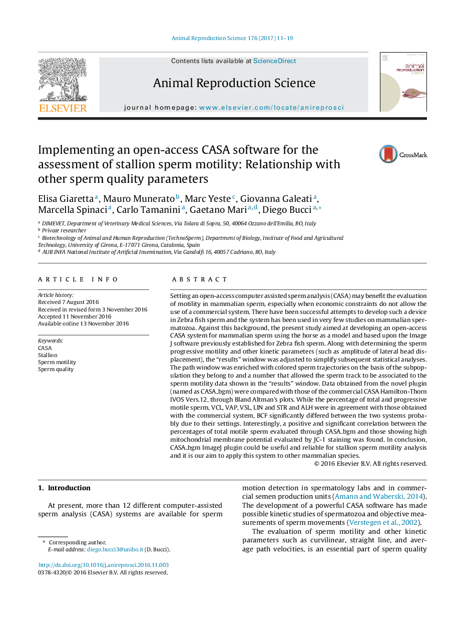 Implementing an open-access CASA software for the assessment of stallion sperm motility: Relationship with other sperm quality parameters