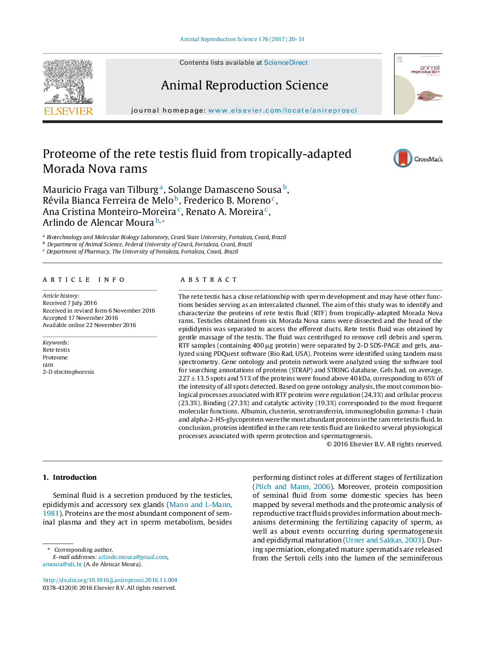 Proteome of the rete testis fluid from tropically-adapted Morada Nova rams