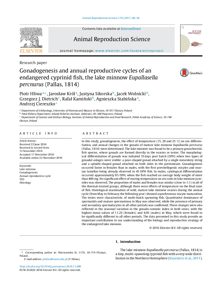 Research paperGonadogenesis and annual reproductive cycles of an endangered cyprinid fish, the lake minnow Eupallasella percnurus (Pallas, 1814)