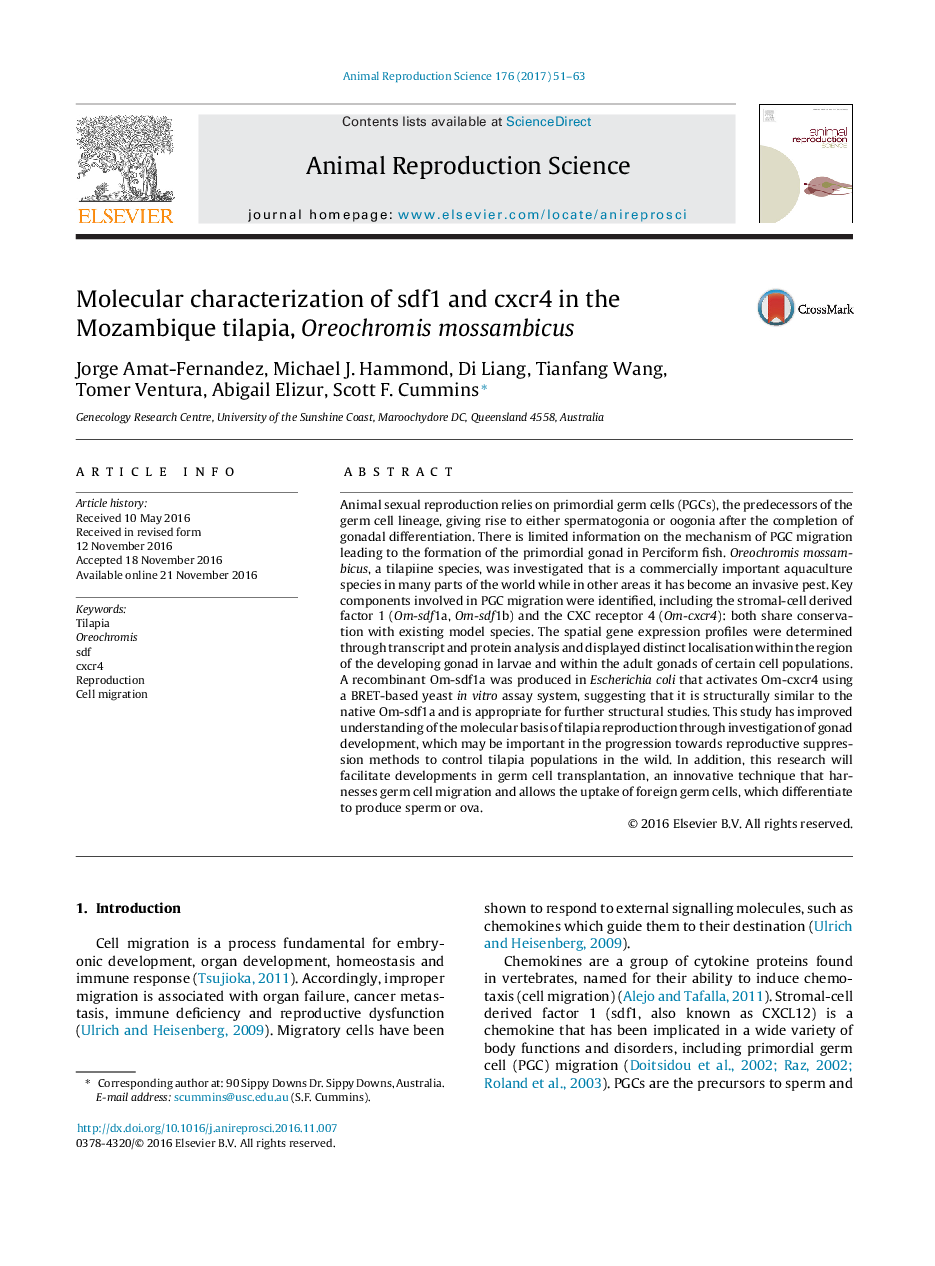 Molecular characterization of sdf1 and cxcr4 in the Mozambique tilapia, Oreochromis mossambicus