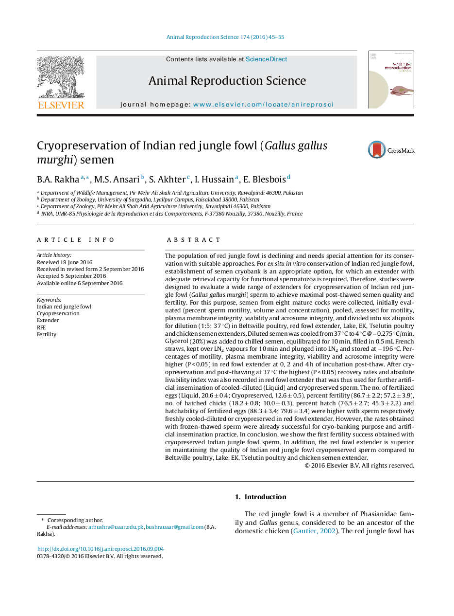 Cryopreservation of Indian red jungle fowl (Gallus gallus murghi) semen