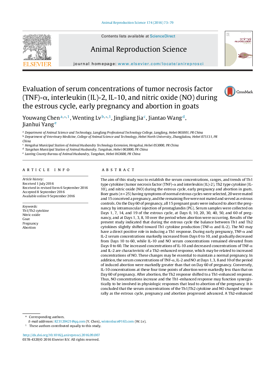 Evaluation of serum concentrations of tumor necrosis factor (TNF)-Î±, interleukin (IL)-2, IL-10, and nitric oxide (NO) during the estrous cycle, early pregnancy and abortion in goats