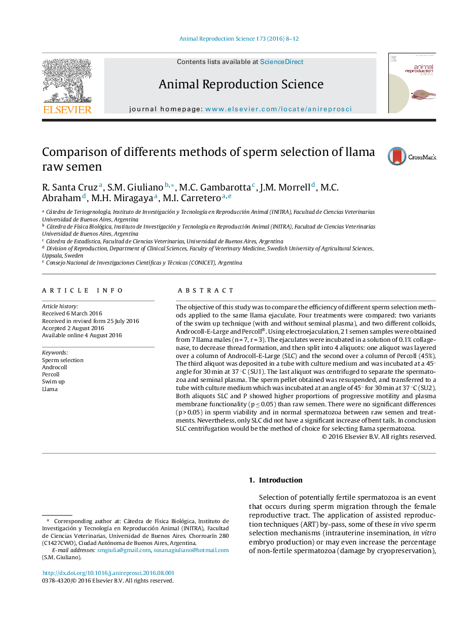 Comparison of differents methods of sperm selection of llama raw semen