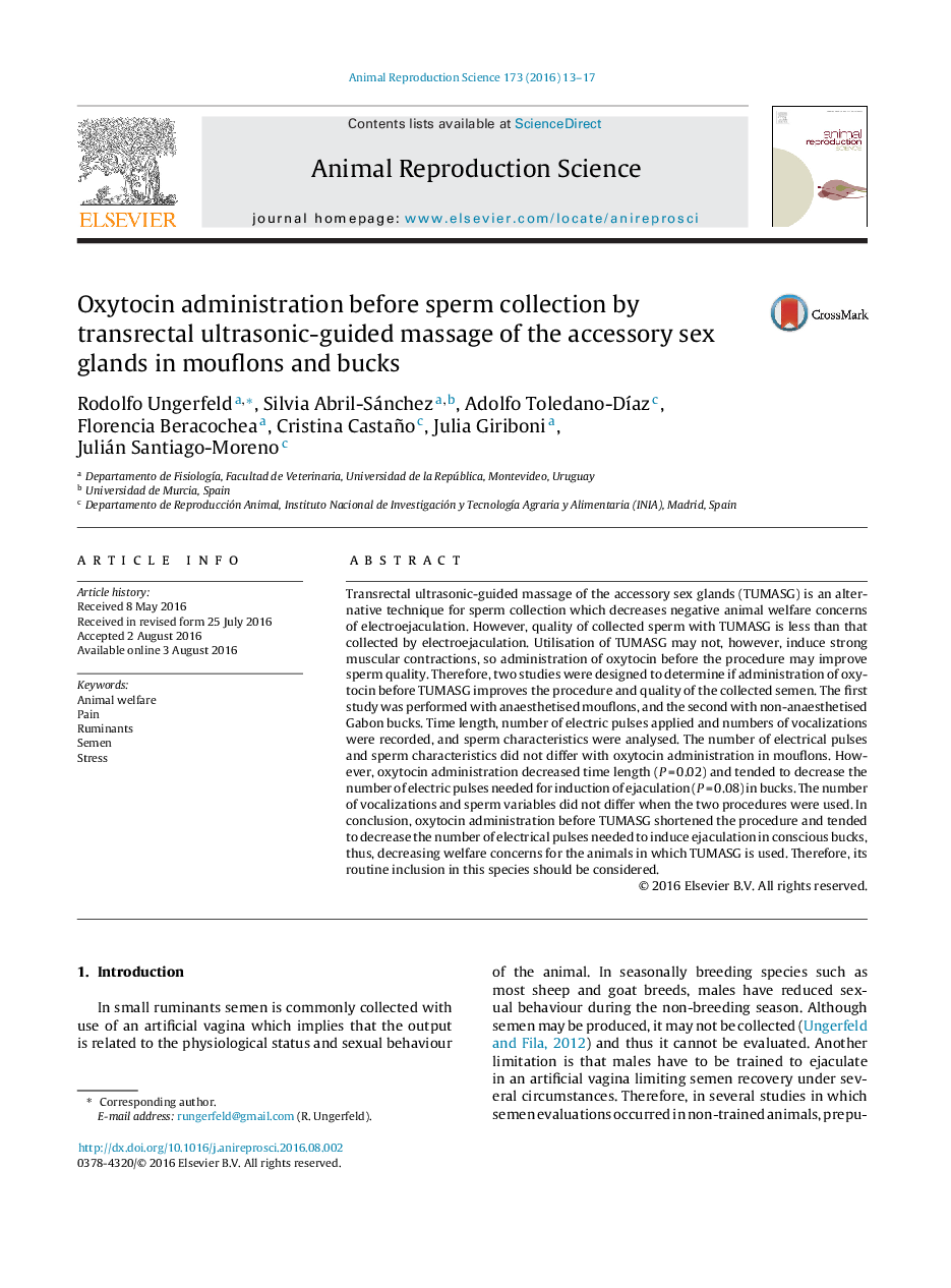 Oxytocin administration before sperm collection by transrectal ultrasonic-guided massage of the accessory sex glands in mouflons and bucks