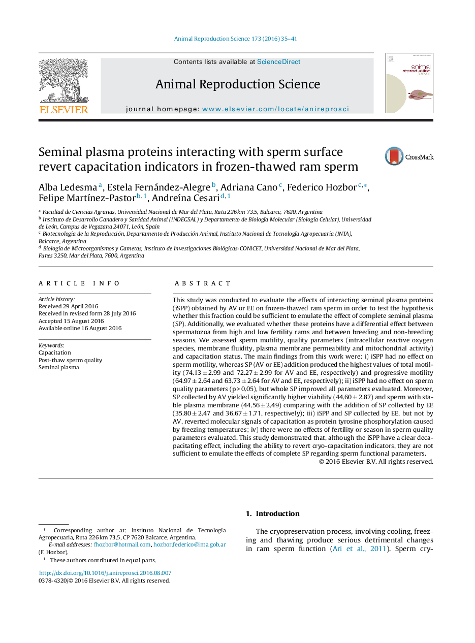 Seminal plasma proteins interacting with sperm surface revert capacitation indicators in frozen-thawed ram sperm