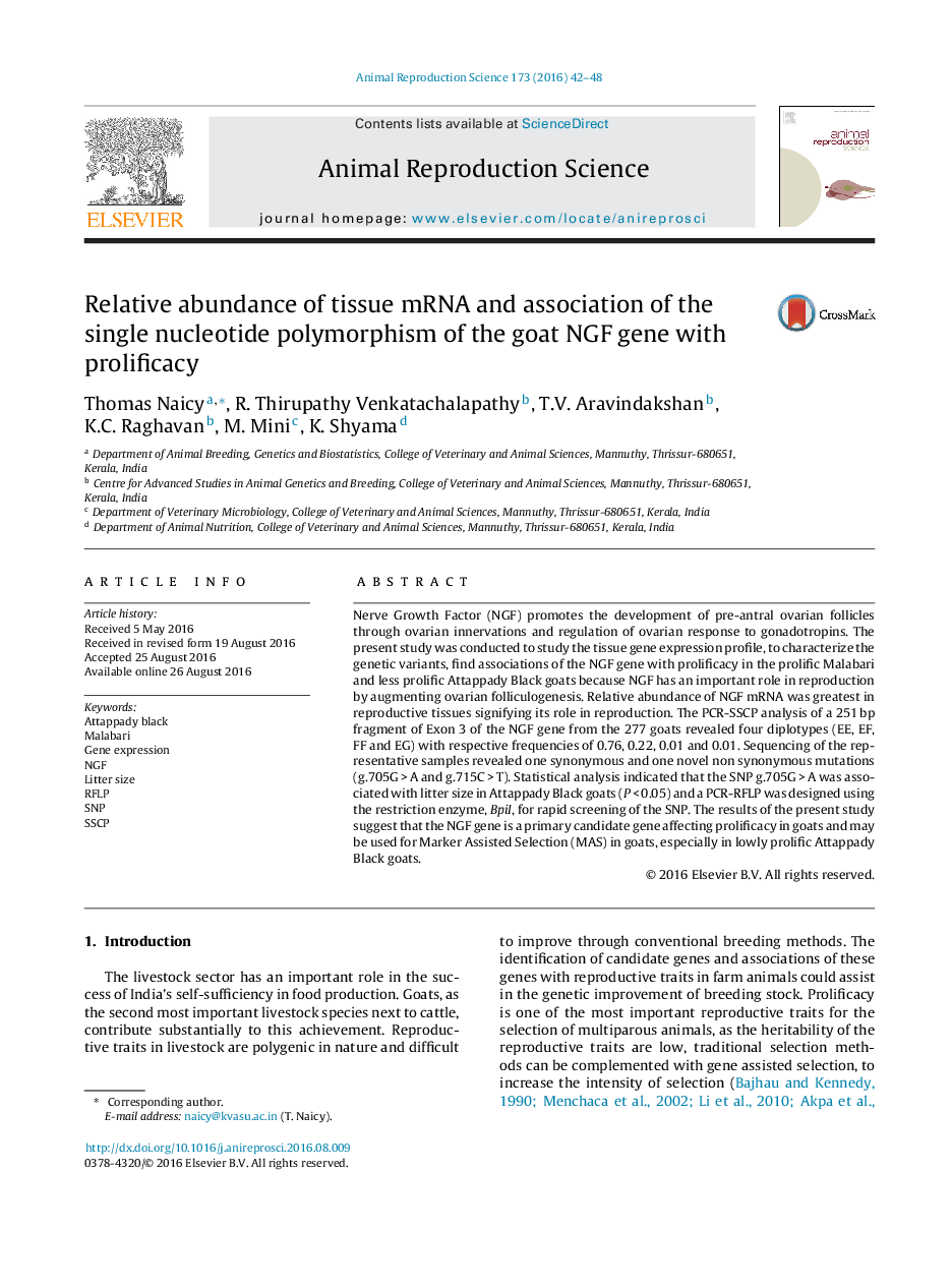 Relative abundance of tissue mRNA and association of the single nucleotide polymorphism of the goat NGF gene with prolificacy