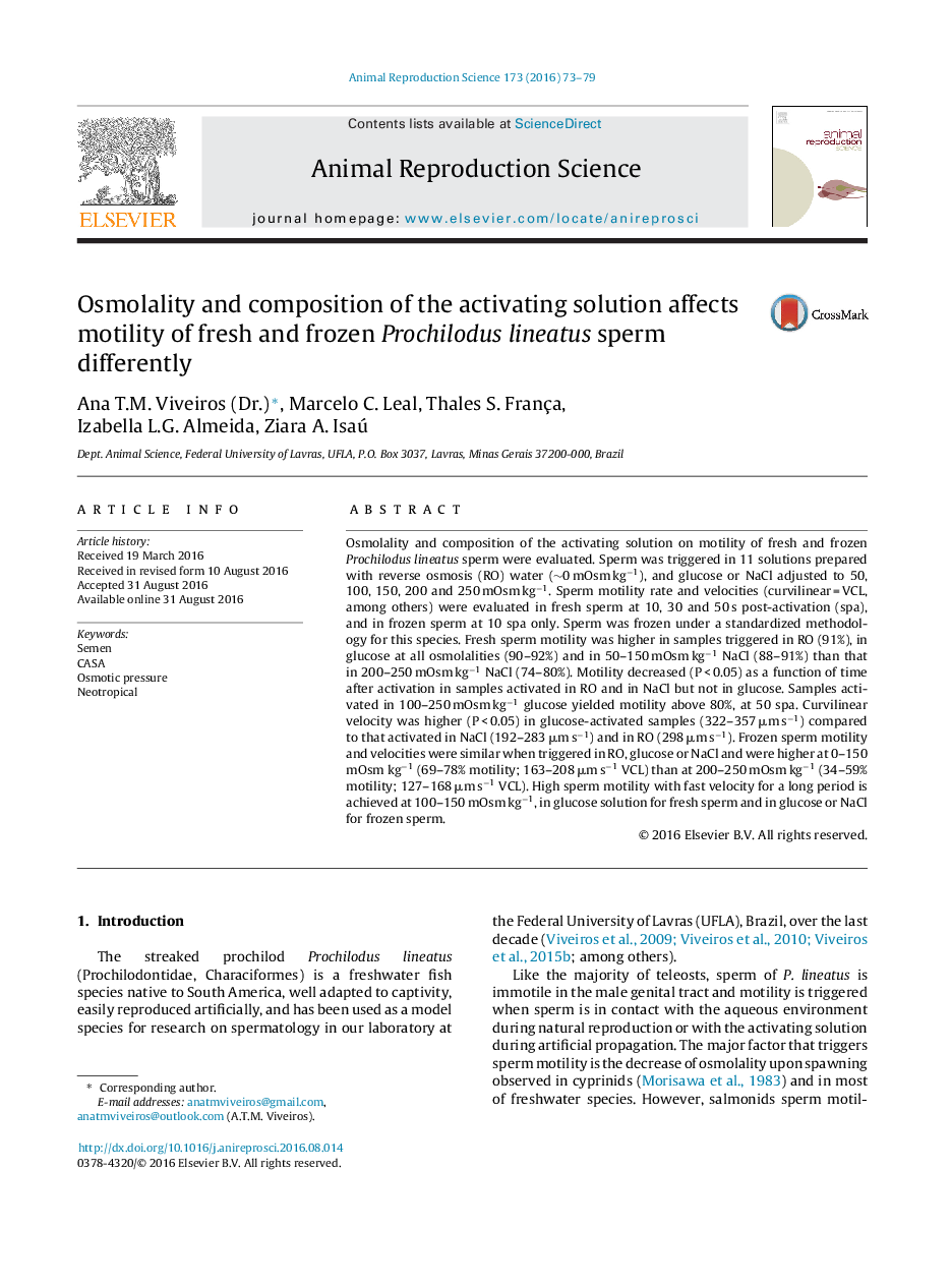 Osmolality and composition of the activating solution affects motility of fresh and frozen Prochilodus lineatus sperm differently