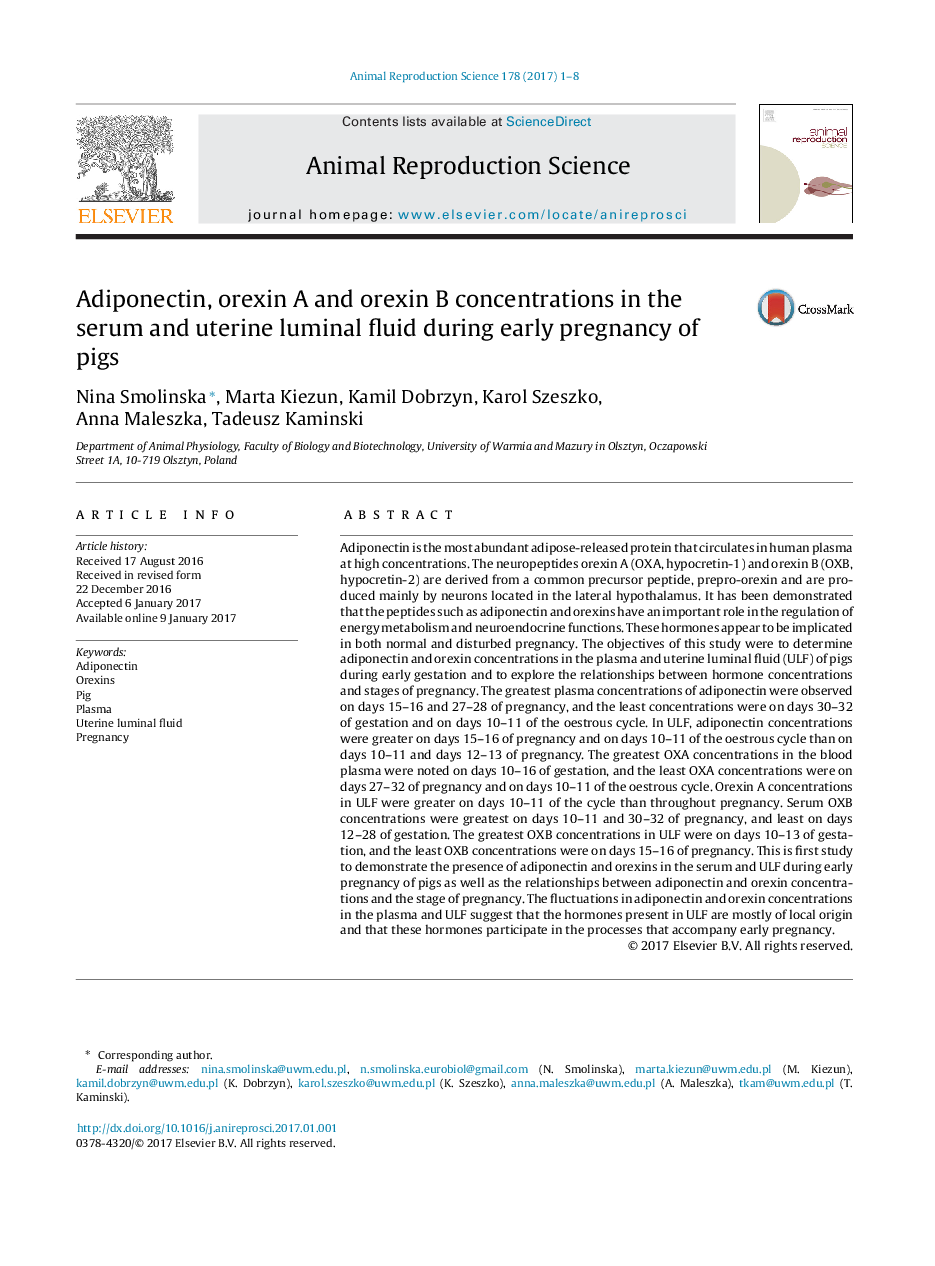 Adiponectin, orexin A and orexin B concentrations in the serum and uterine luminal fluid during early pregnancy of pigs