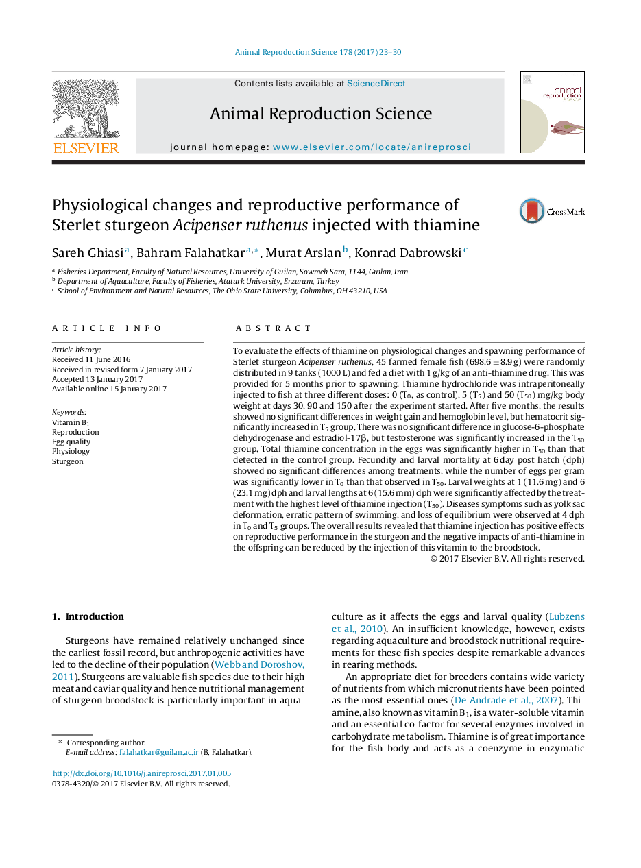 Physiological changes and reproductive performance of Sterlet sturgeon Acipenser ruthenus injected with thiamine