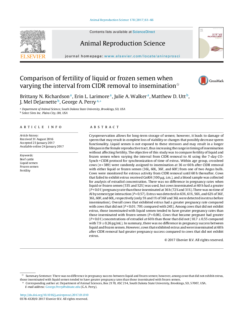 Comparison of fertility of liquid or frozen semen when varying the interval from CIDR removal to insemination