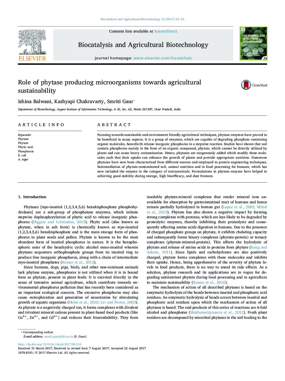 Role of phytase producing microorganisms towards agricultural sustainability