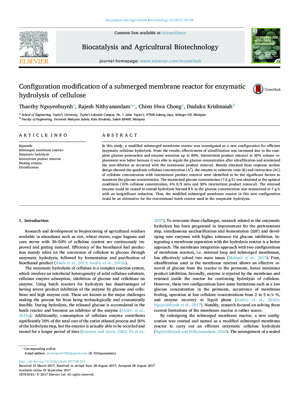 Configuration modification of a submerged membrane reactor for enzymatic hydrolysis of cellulose