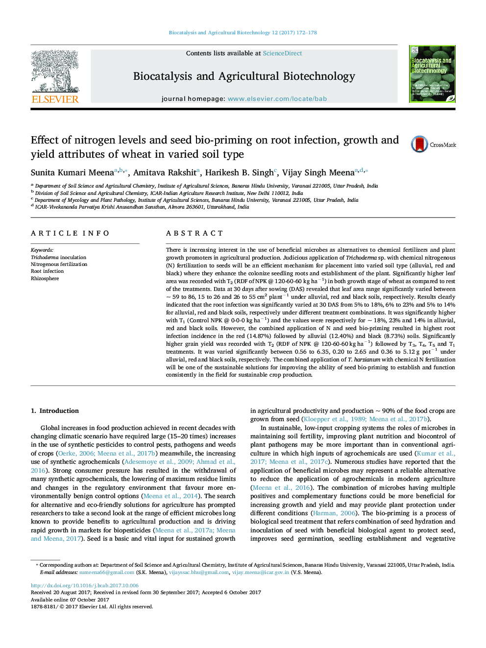 Effect of nitrogen levels and seed bio-priming on root infection, growth and yield attributes of wheat in varied soil type