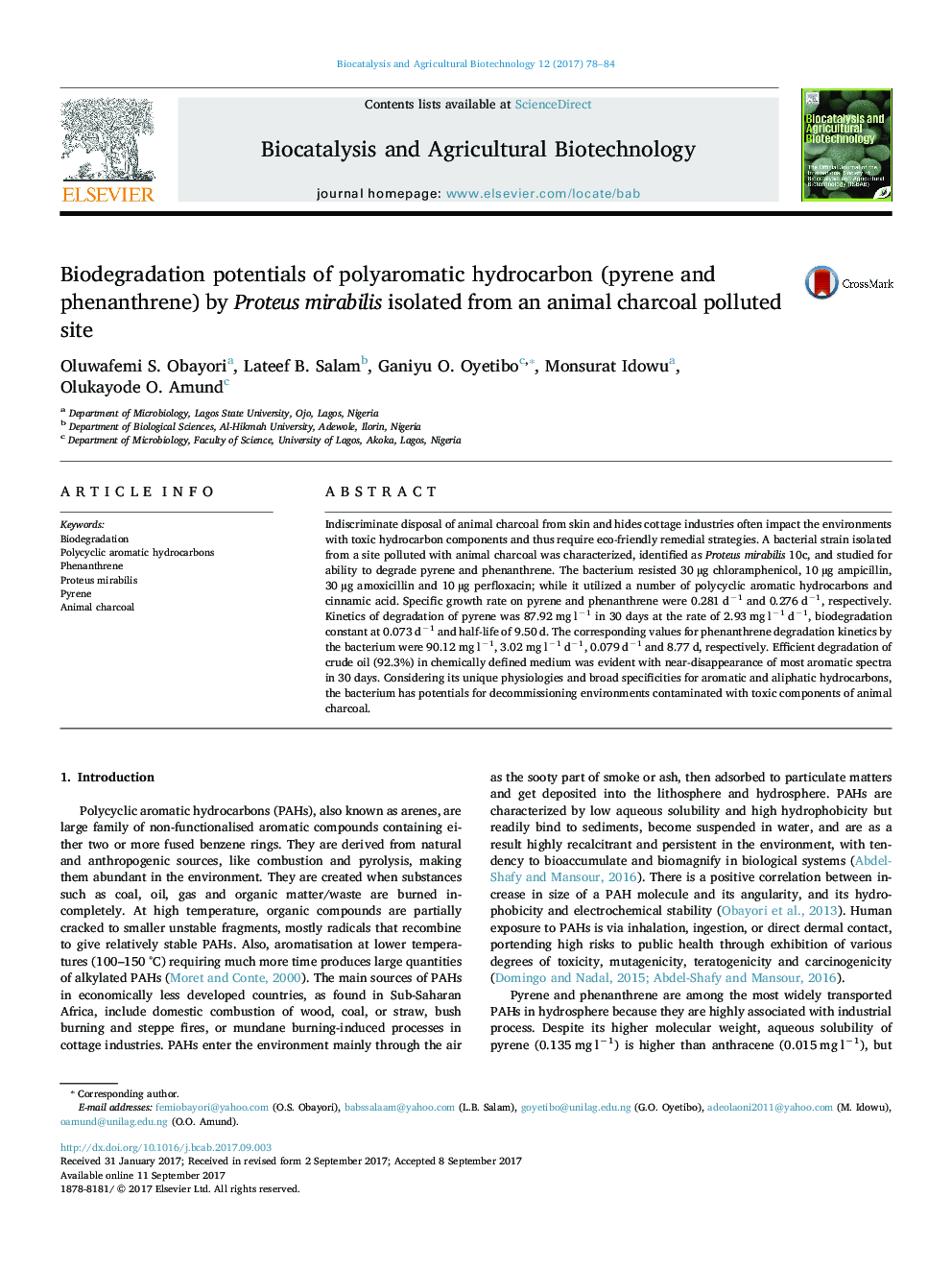 Biodegradation potentials of polyaromatic hydrocarbon (pyrene and phenanthrene) by Proteus mirabilis isolated from an animal charcoal polluted site