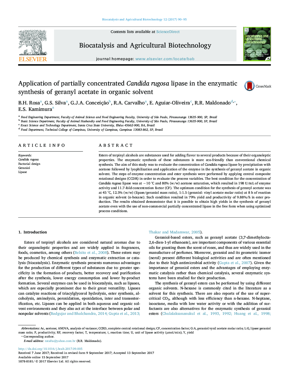 Application of partially concentrated Candida rugosa lipase in the enzymatic synthesis of geranyl acetate in organic solvent