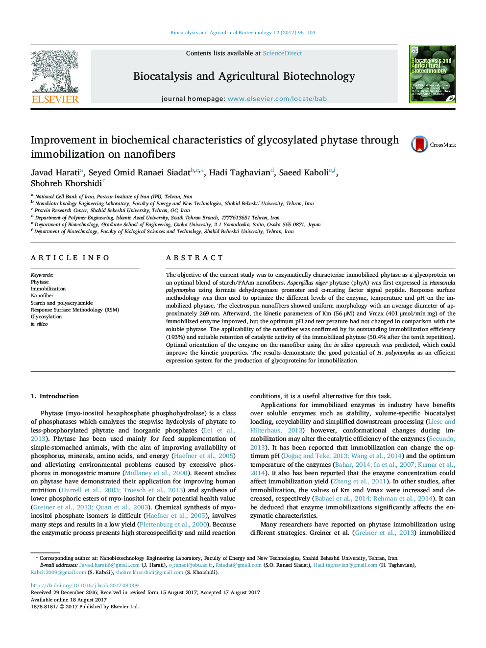 Improvement in biochemical characteristics of glycosylated phytase through immobilization on nanofibers