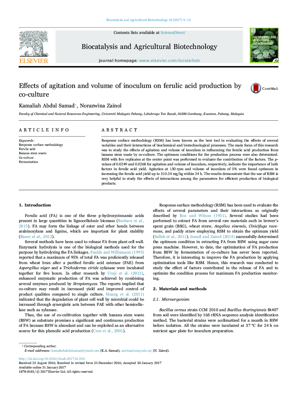 Effects of agitation and volume of inoculum on ferulic acid production by co-culture