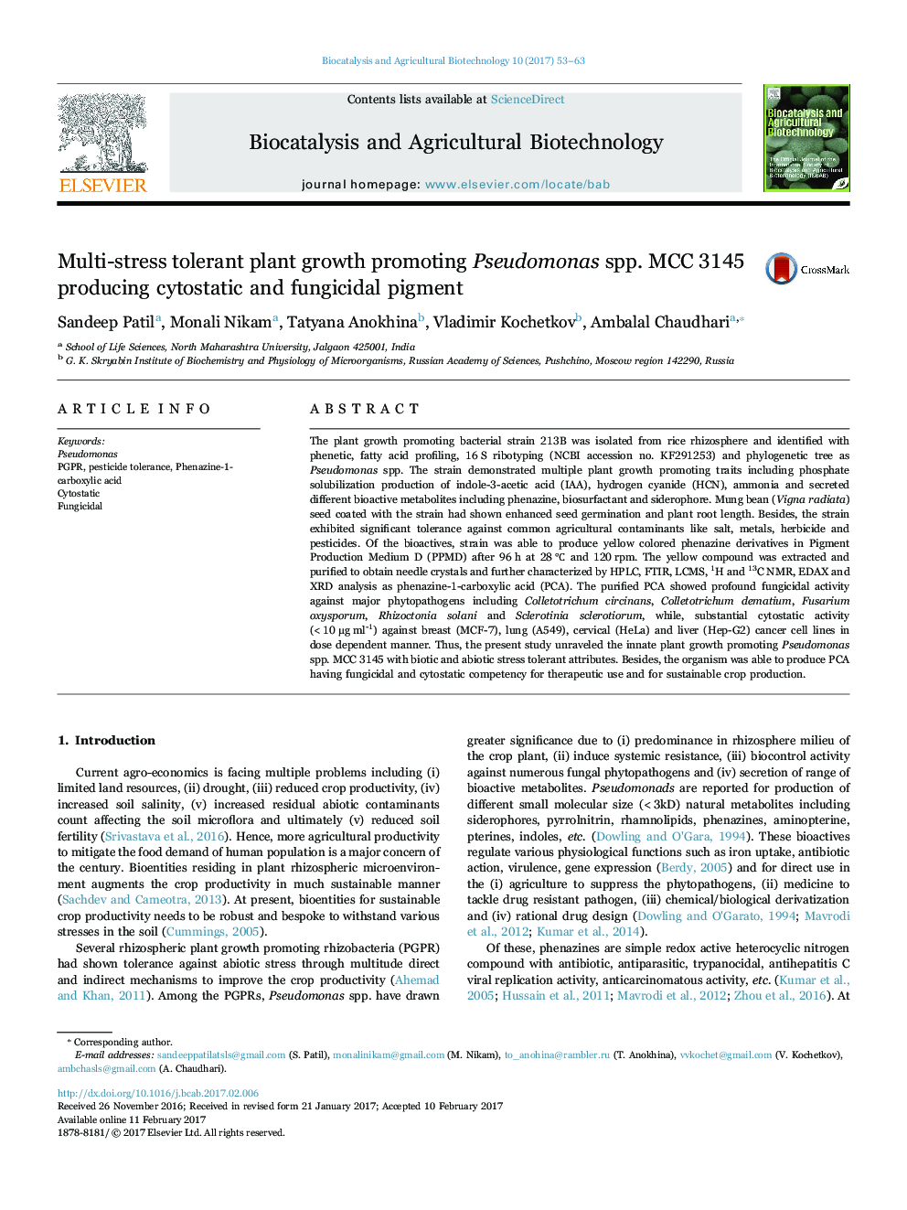 Multi-stress tolerant plant growth promoting Pseudomonas spp. MCC 3145 producing cytostatic and fungicidal pigment