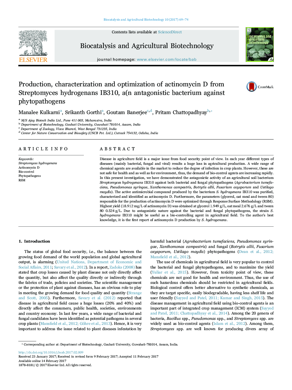 Production, characterization and optimization of actinomycin D from Streptomyces hydrogenans IB310, a(n antagonistic bacterium against phytopathogens