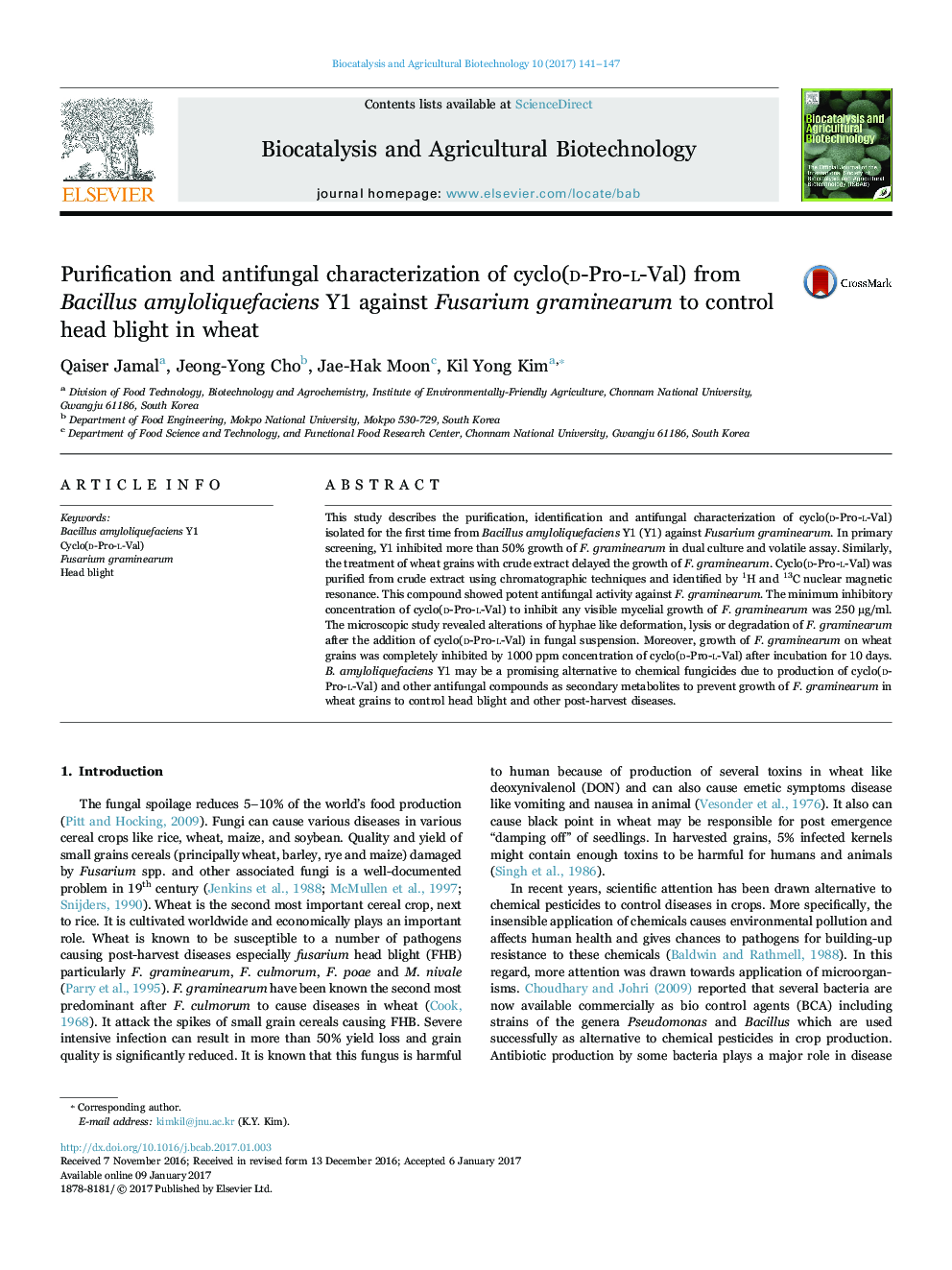 Purification and antifungal characterization of Cyclo (D-Pro-L- Val) from Bacillus amyloliquefaciens Y1 against Fusarium graminearum to control head blight in wheat